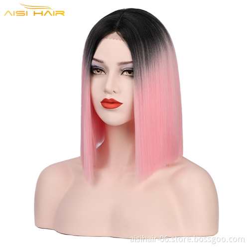 Aisi Wholesale Straight Bob Fiber Hair Wigs For Women Ombre Color Full Machine Made Wig Synthetic Hair Wig